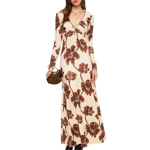 Commense Brown Floral Ruched V-Neck Maxi Dress Long Sleeve Medium NWT